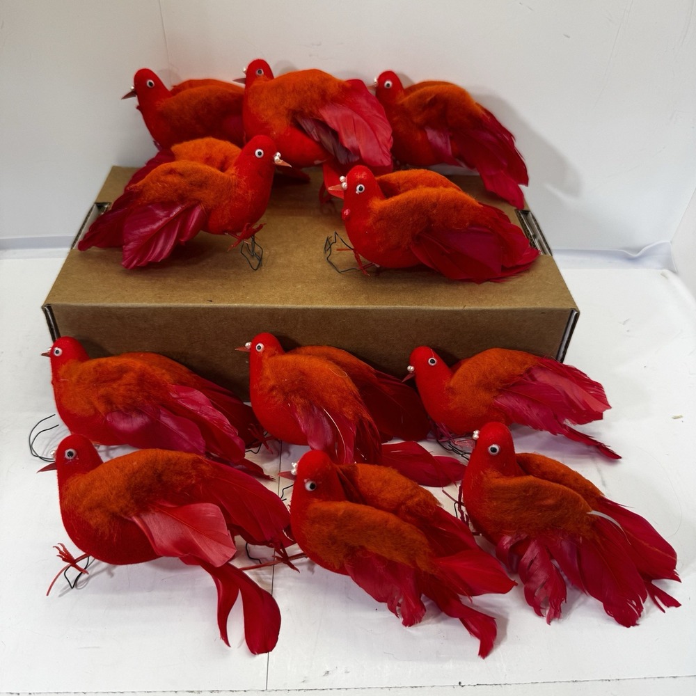 Set Of 11 Vintage handmade wired Red bird Real Feathers Christmas ornaments Felt